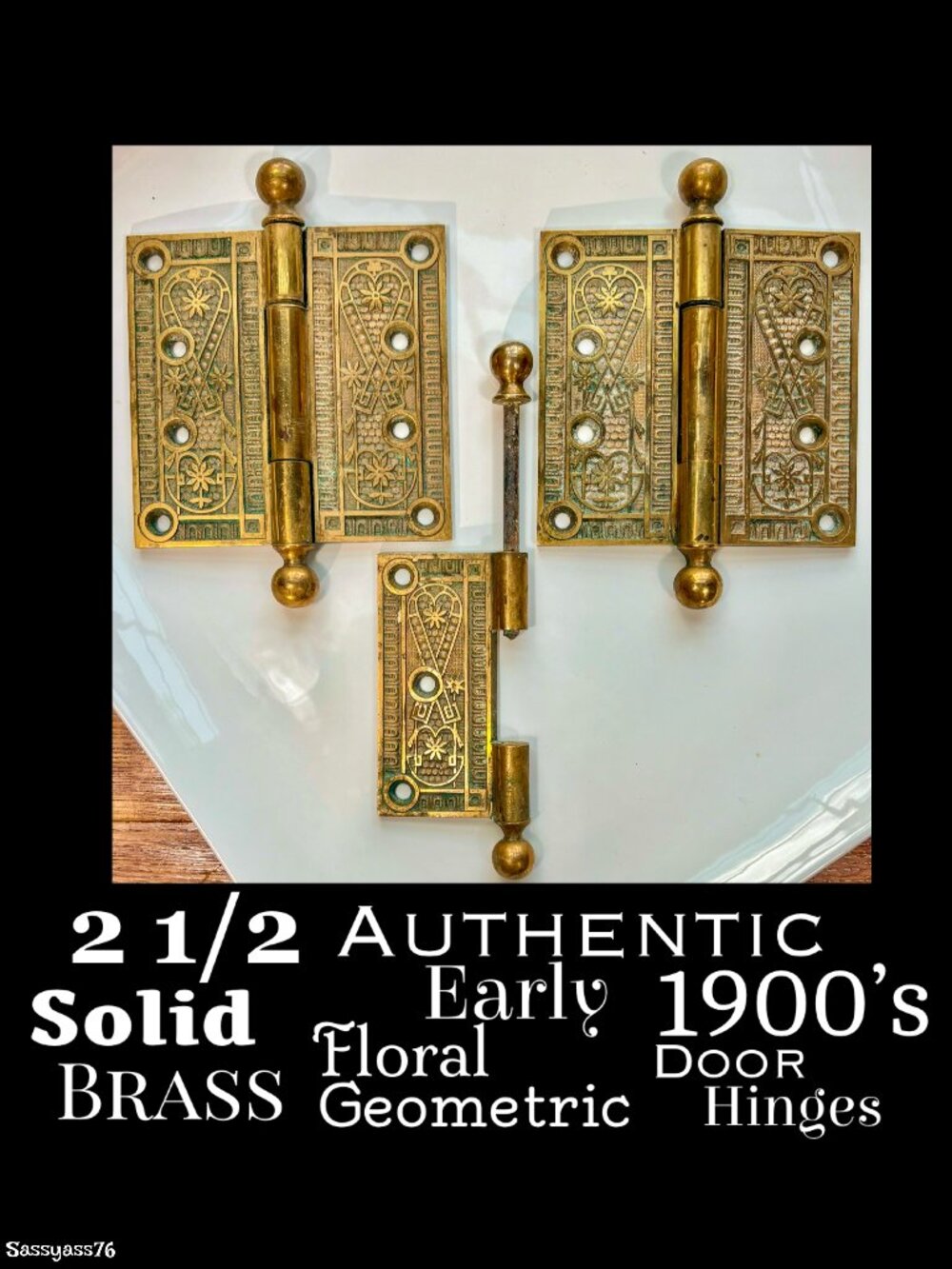 🆕ANTIQUE▪️Early 1900's Two & One-Half Solid Brass Floral Geometric Door Hinges